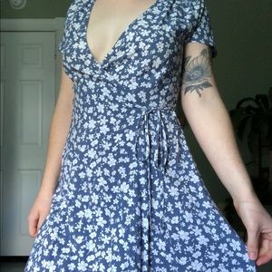 Blue & White Floral Wrap Mini Dress